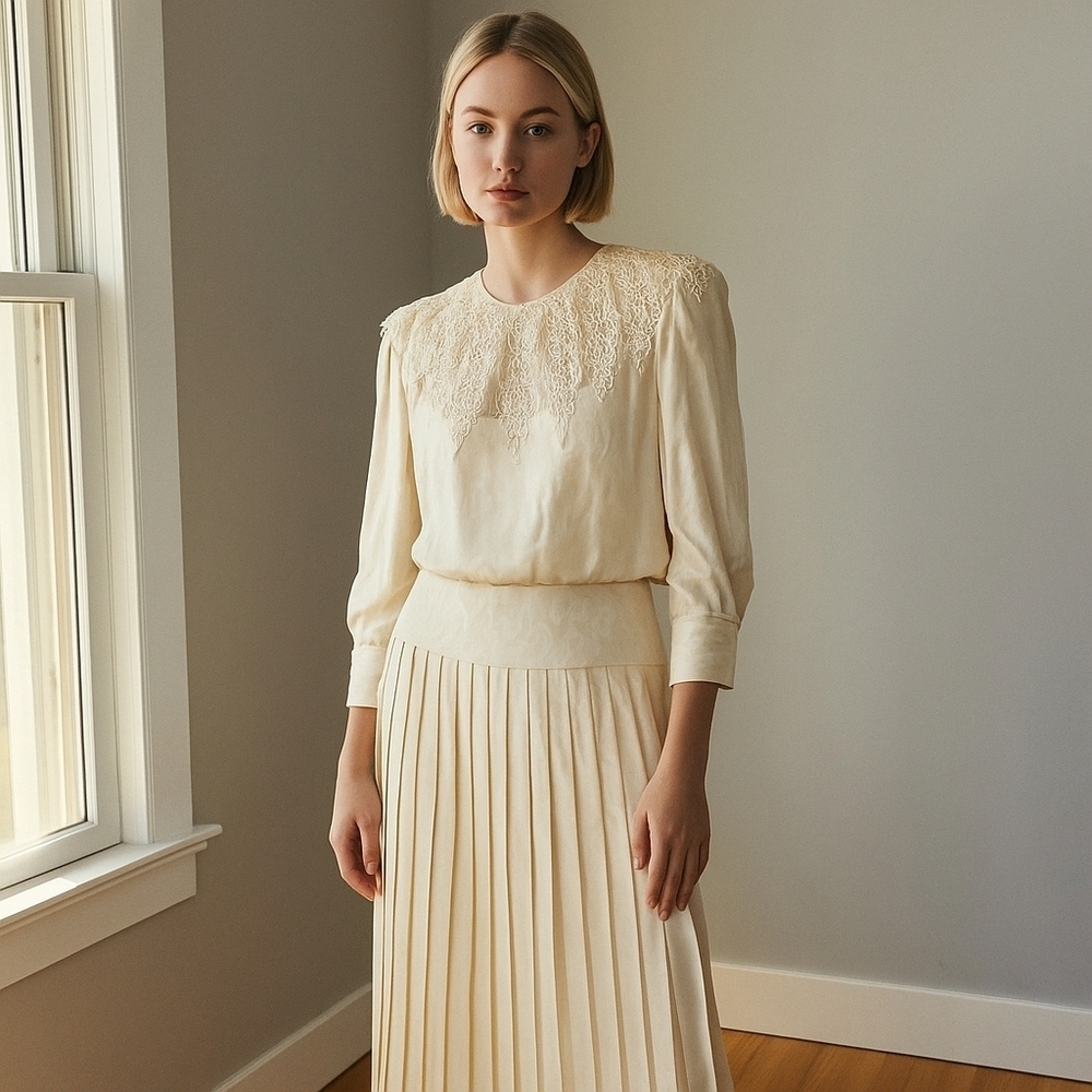 80s Vtg Nilani Silk Damask Pleated Mother Of The Bride Lady Di Midi Cream Dress